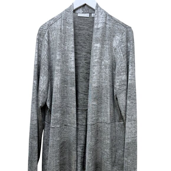 SUSAN GRAVER Silver Metallic Cardigan Size XL Stretch Liquid Knit Evening Top - Picture 2 of 8